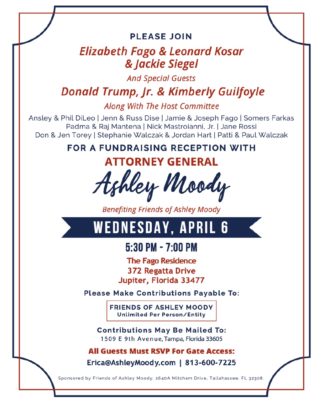 Fundraiser Invitation for Florida Attorney General Ashley Moody, April